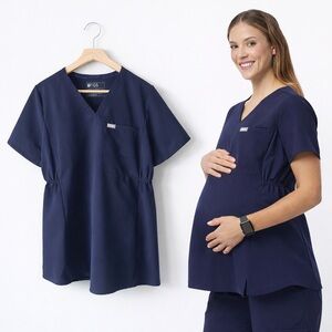 Figs Navy Maternity Scrub Top Large V-Neck Stretch Side Panels